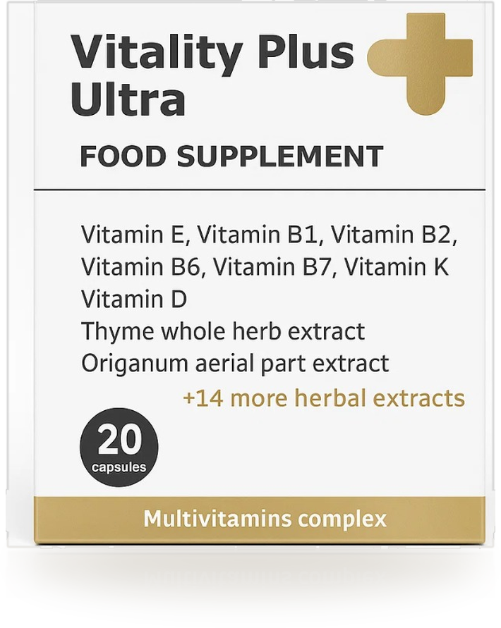 Vitality Plus Ultra — cutia suplimentului alimentar, 20 de capsule